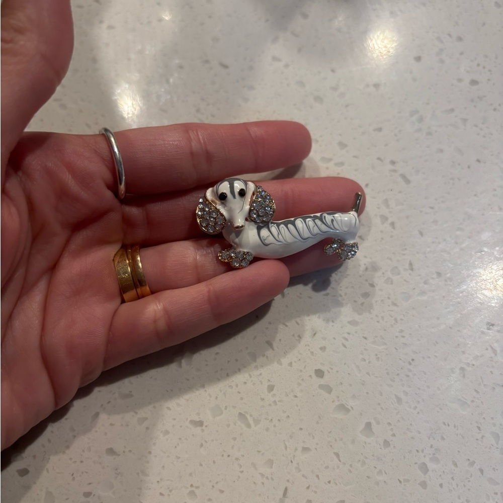 White and Silver Dachshund Brooch